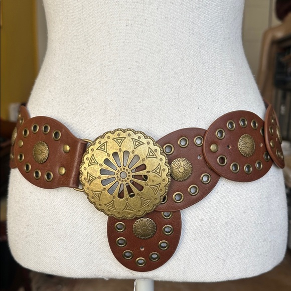 Brown Leather Bohemian Western Belt with Bronze Buckle and Medallions Accents - Picture 3 of 11